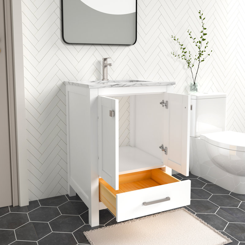 Ensemble de meuble-lavabo autoportant 24 po Amandie blanc mat avec plateau en marbre de Carrare, Blanc