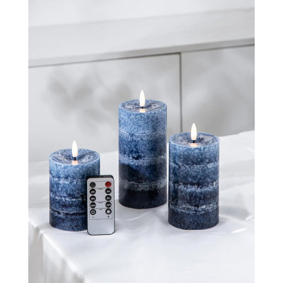 3‑Pack Gradient Navy Blue Flameless LED Pillar Candles, Real‑Wax with Remote Timer for Home Decor
