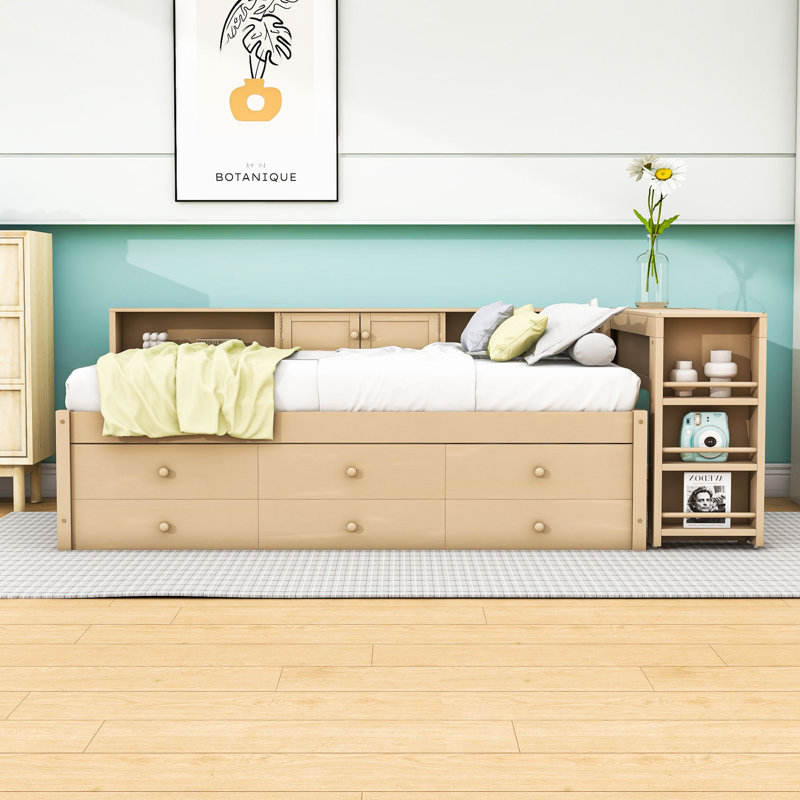 Three Drawers Wooden Daybed with Desk, Trundle and Storage Shelves, Twin, Golden