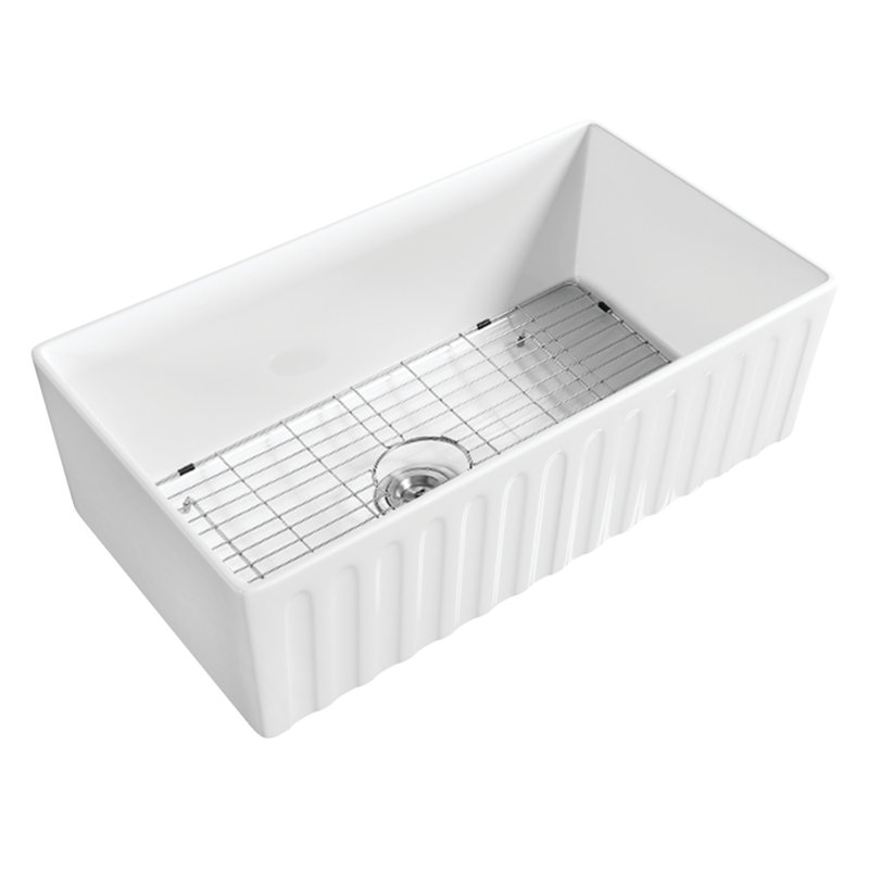 Glossy White Ceramic Apron-Front Farmhouse Kitchen Sink with Bottom Grid