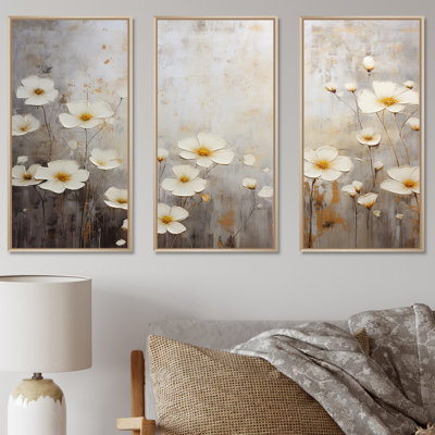 «Elegant Beige and Grey Buttercups Meadow I», ensemble d'art mural sur toile Buttercups