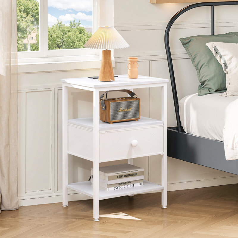 End Table With Charging Station, Slim Nightstand With Fabric Storage Drawer, Wood Side Table For Small Space, Living Room, Bedroom