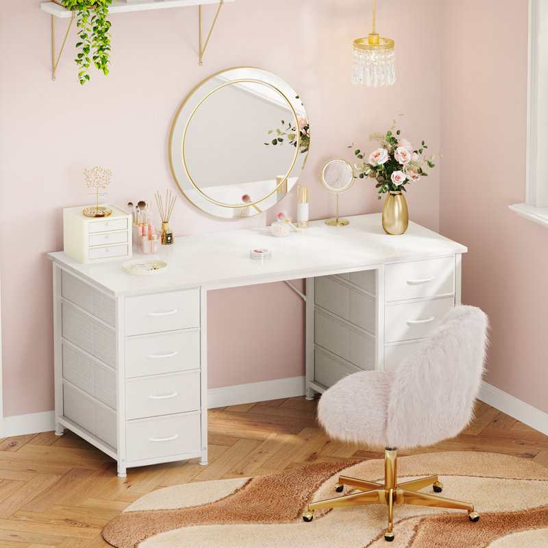 Modern White Vanity Desk With 8 Fabric Drawers, Multifunctional Makeup & Writing Table For Bedroom