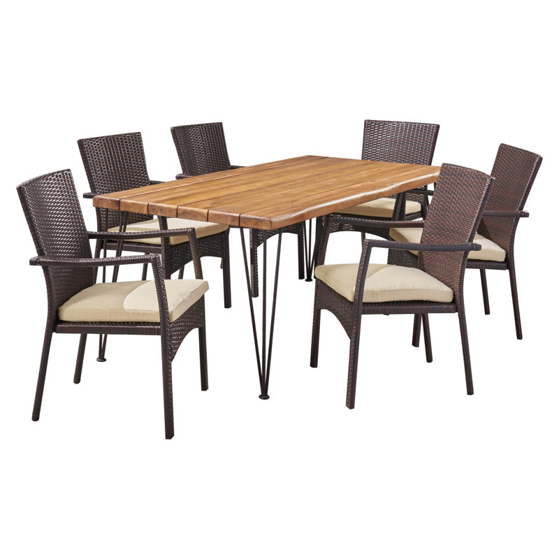 Devair 6 - Person Acacia Wicker Patio Dining Set with Rectangular Table , Cushions Included