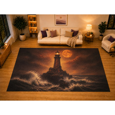 Tapis «Ultra Light Poids» grand phare orange pleine lune de 6 pi 7 po x 9 pi 10 po pour la chambre du salon, envers antidérapant doux à poils courts, décor orangé océanique noir et orange