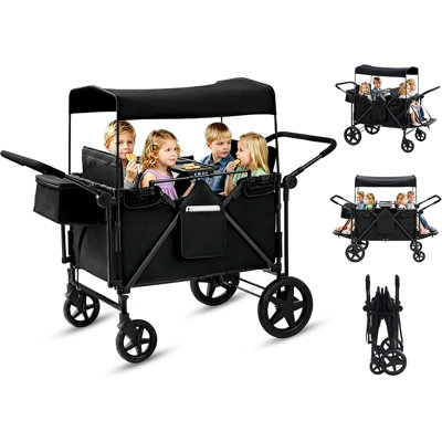 Stroller Wagon For 4 Kids, 4 Seater Wagon Stroller With Convertible Seats Footrests, Snack Tray, Storage Bag, Removable Canopy