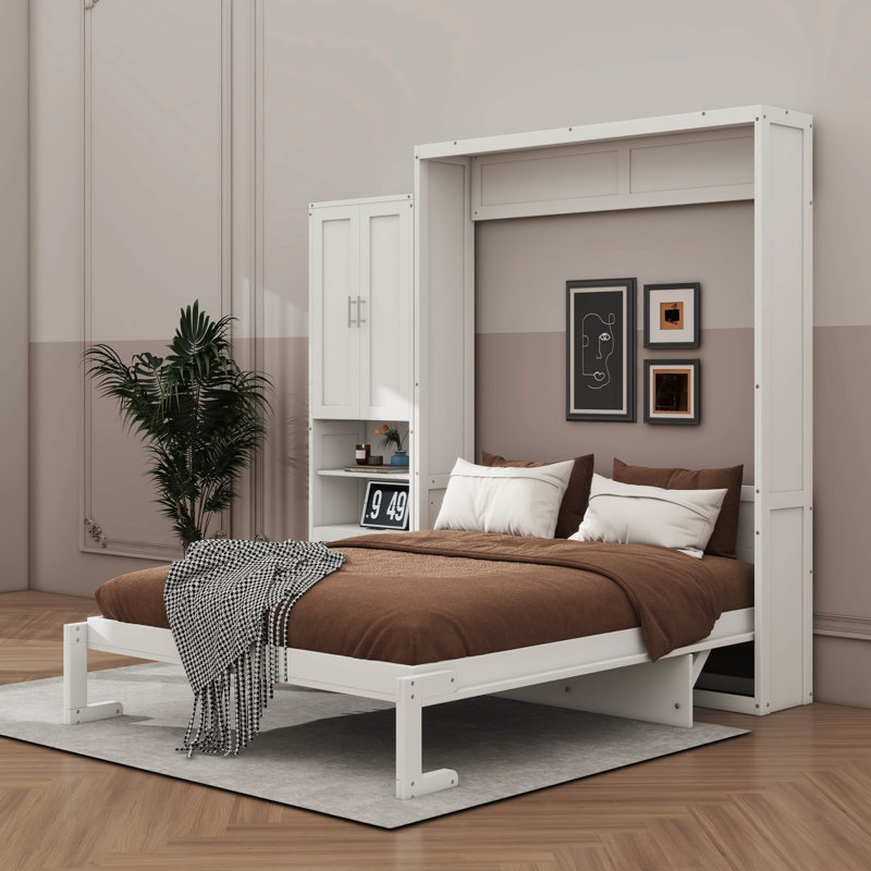 Grand lit escamotable avec armoire latérale polyvalente avec tablette de rangement et bureau