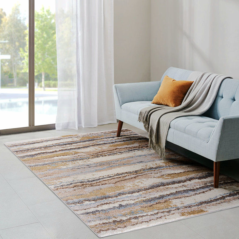 Tapis rectangulaire brun / beige en polyester tissé à la machine Shadira, Rectangle 5 pi 3 po x 7 pi