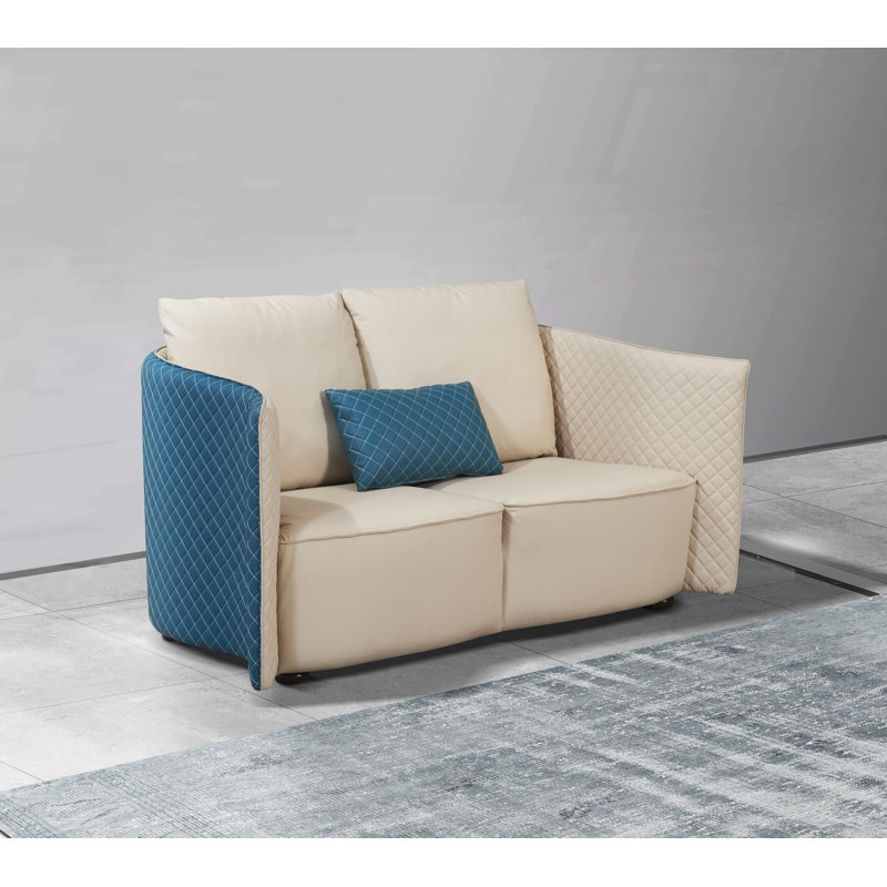Makassar Loveseat, Off White/Blue Genuine Leather