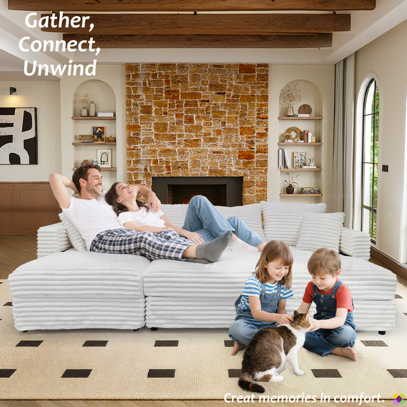 Gus 102.4"W/ 70.8"W Modular 7 Seaters Corduroy Sectional, include 3 Ottomans, Beige Plush Corduroy Fabric