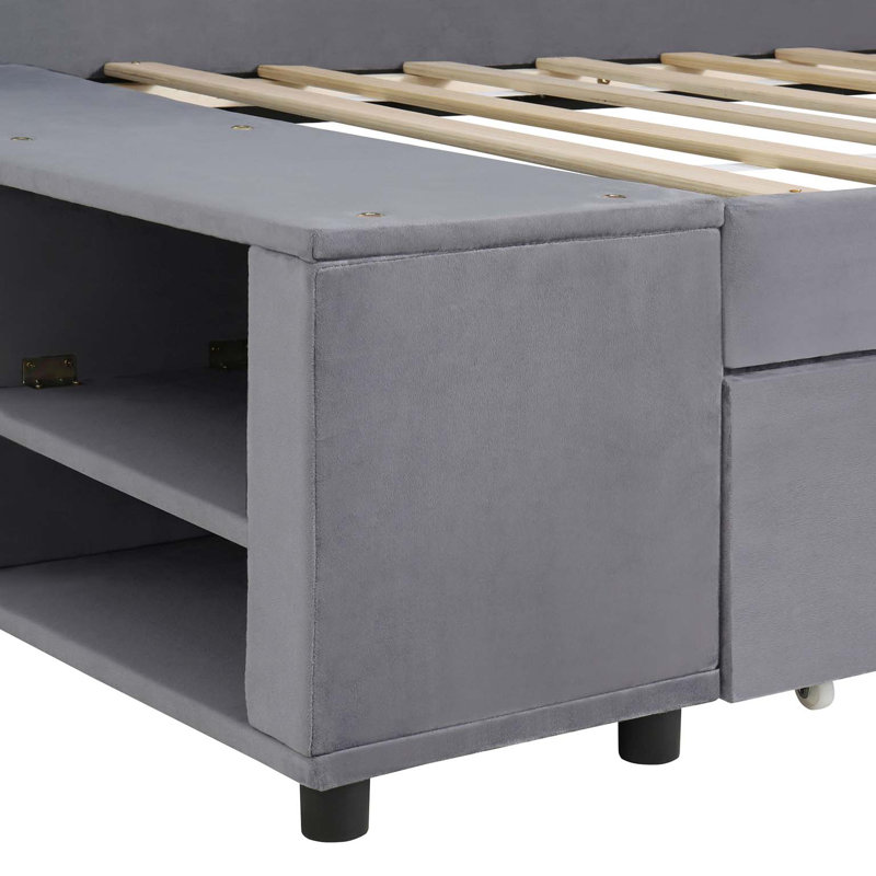 Lit plateforme simple tapissier en forme de L avec rangement et tiroirs, Gris