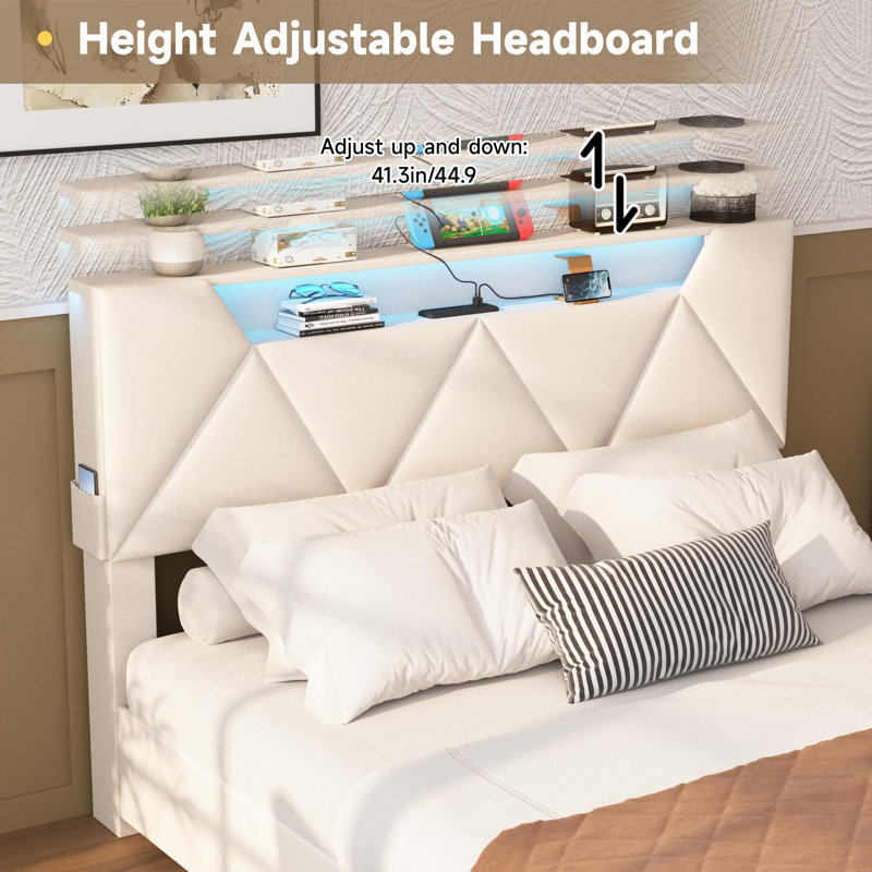 Bed Frame With Storage Headboard And 4 Drawers, Queen, Beige