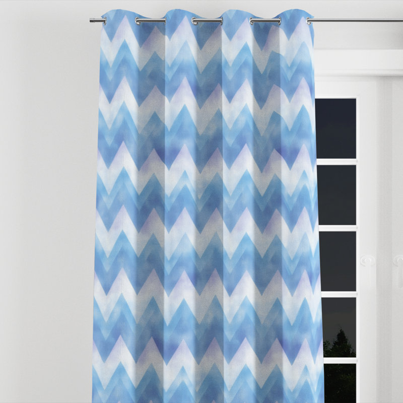 Rideaux obscurcissant Boho - Rideau à œillets à chevrons bleu et blanc Boho - 1 panneau, L 52 po x L 63 po, Œillets argentés