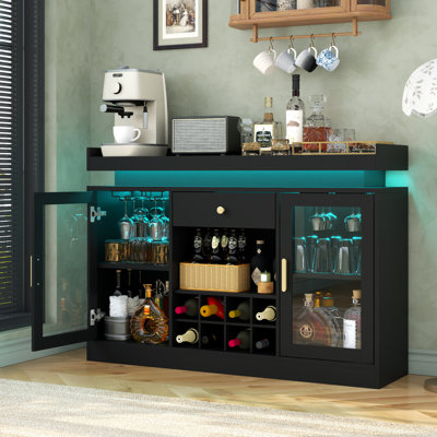 Wine Bar Cabinet With LED Light, Home Coffee Bar Cabinet With Wine And Glass Rack by Wrought Studio