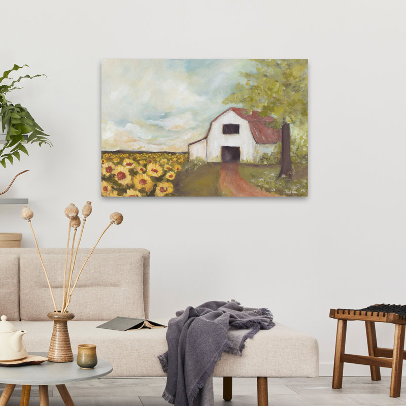 Sunflower Barn - Modern Farmhouse Barn Sunflowers Rural Path Art, 24" H x 36" W