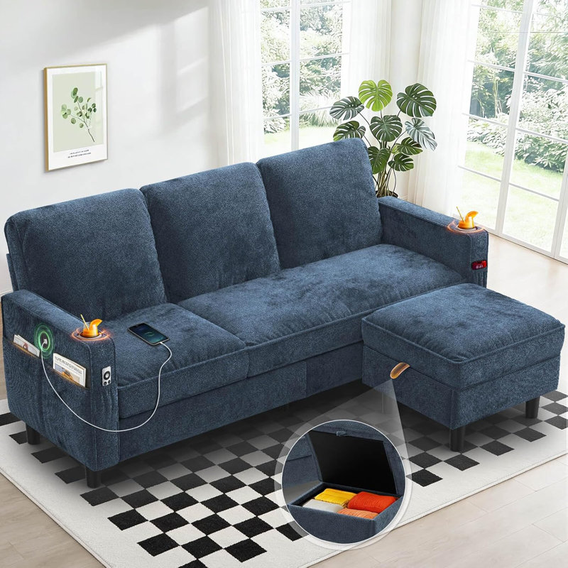 3-Seater Sofa with Storage Footstool and 2 Cup Holders, L-shaped Lounge Chair Sofa with USB Charging Port, Small Corner Sofa in the Living Room