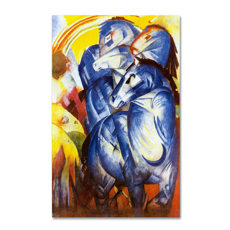 Abstract Blue Horses Canvas Art with Yellow Background