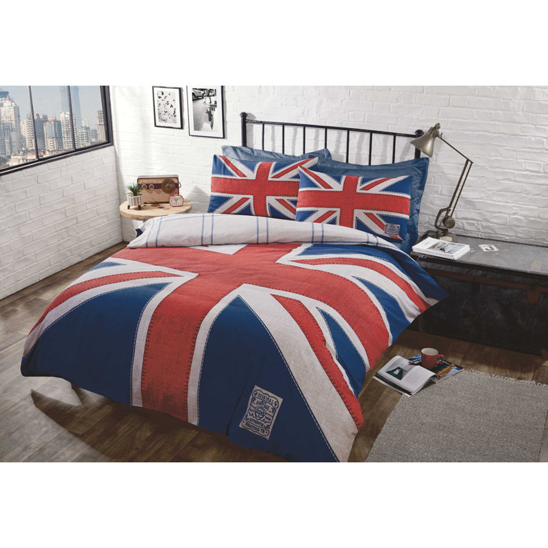 Aristotele Cotton Blend Geometric Shapes Duvet Cover Set with Pillowcases, Blue/Red