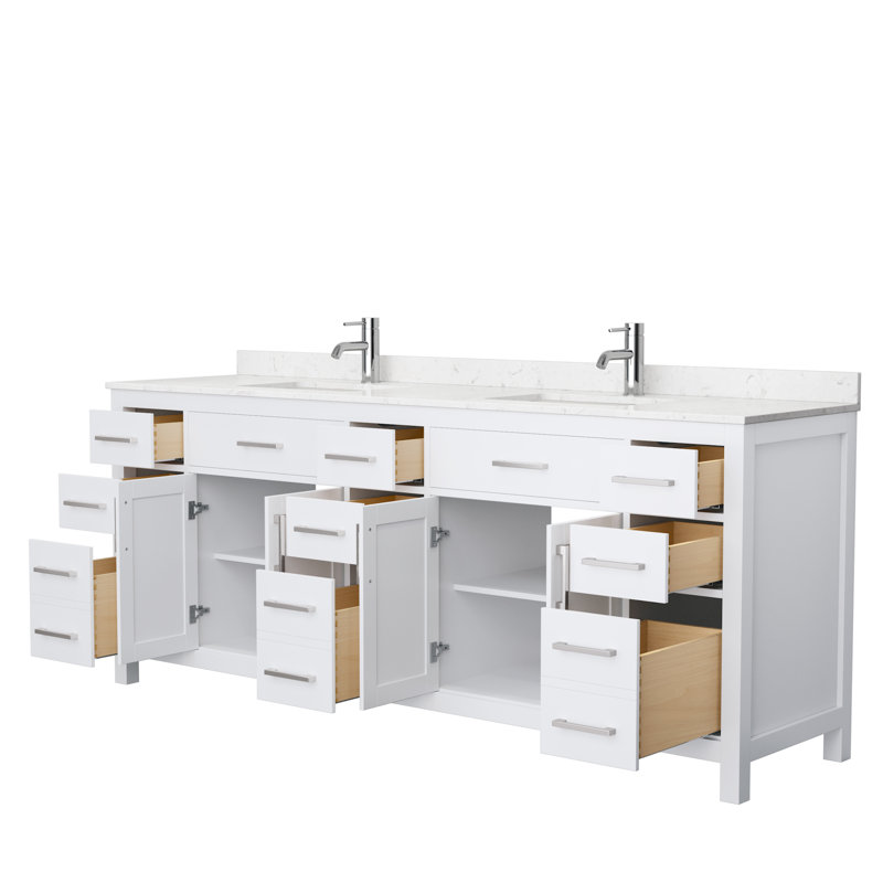 Beckett 84" Freestanding Double Bathroom Vanity with Cultured Marble Top, Carrara Cultured Marble, White, Brushed Nickel