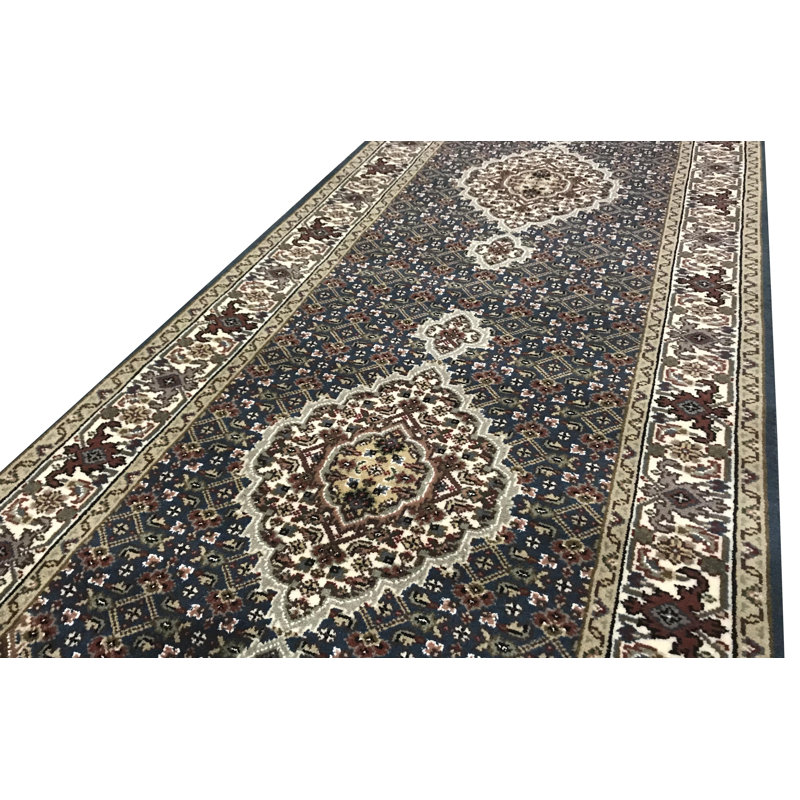 Hand-Knotted High-Quality Dark Blue and Cream Runner