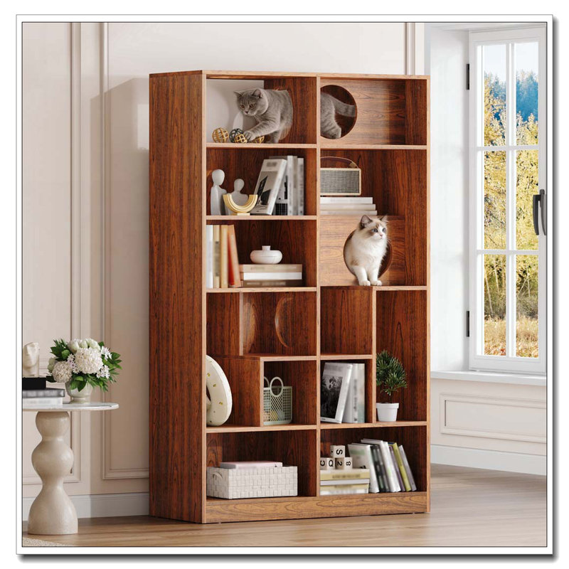 Modern 2 IN 1 Wood Bookshelf Cat House, Brown