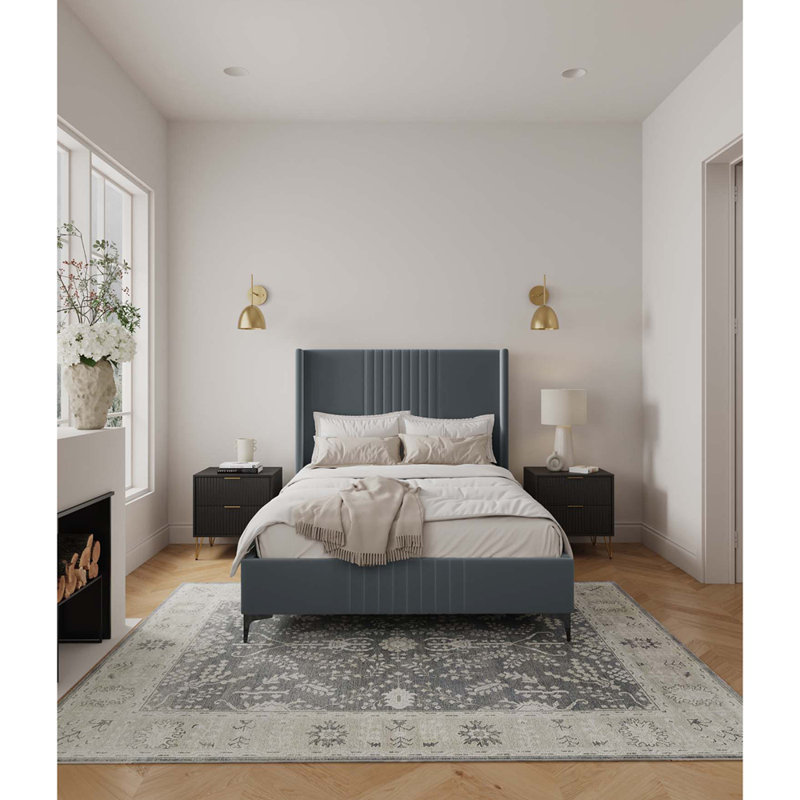 Lit rembourré en velours de taille moyenne Promenade Mid-Century, Double, Gris