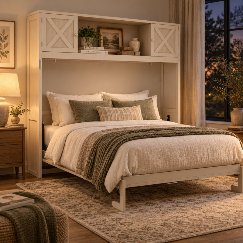 Lit escamotable VARELON Queen Size avec 3 placards de rangement, lit mural pliable gain de place avec design en X, bois massif et MDF, capacité de 272 kg, sommier non requis