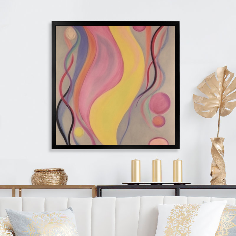 Danse de l'ombre, illustration vintage jaune et rose - peinture abstraite, impressions d'art mural, Cadre simple noir