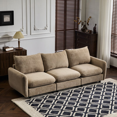 Canapé d'angle modulable 3 places en velours avec structure et ressorts de soutien, idéal pour les moments en famille, couleur camel, modulable jusqu'à 251 cm (99 pouces), en eucalyptus, assise confortable, design nomade, 3 places