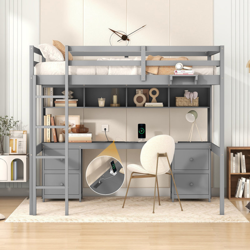 Lit mezzanine double avec bureau, armoires, tiroirs et plateau de chevet, station de charge, Gris