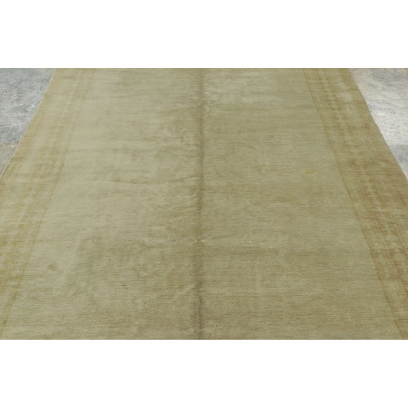 Antique Oushak Gallery Rug In Green Minimal Open Field Design - Rug & Kilim