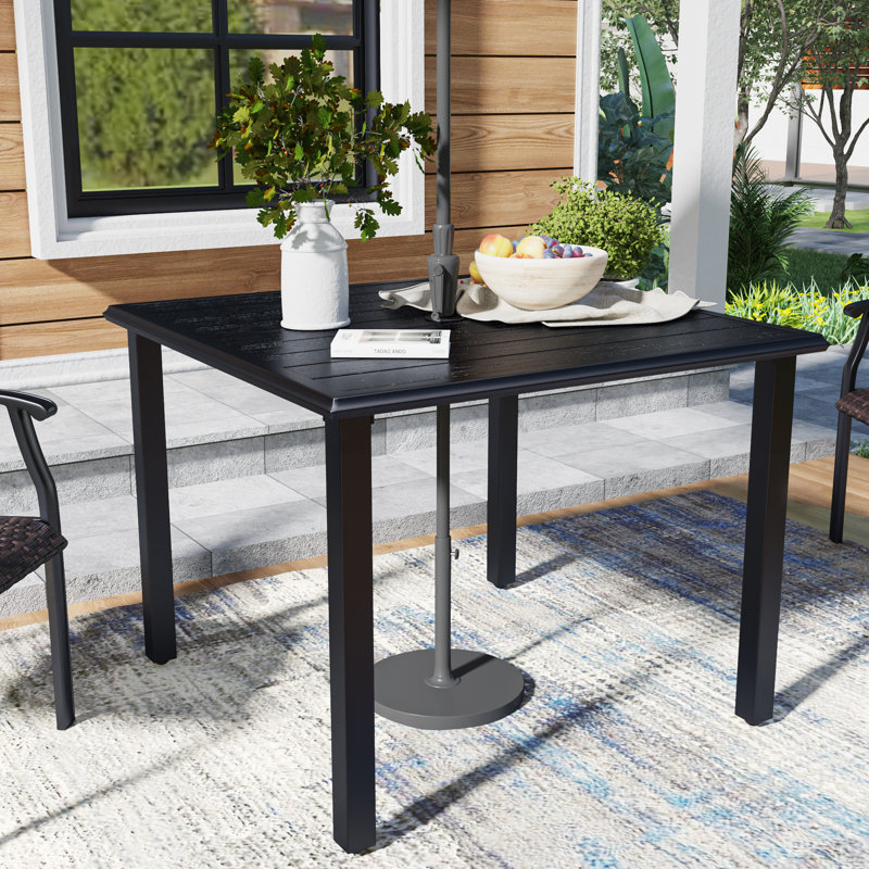 Hesson Square Metal Outdoor Dining Table With Umbrella Hole , 37.8'' in. W 37.8'' in. D, Black