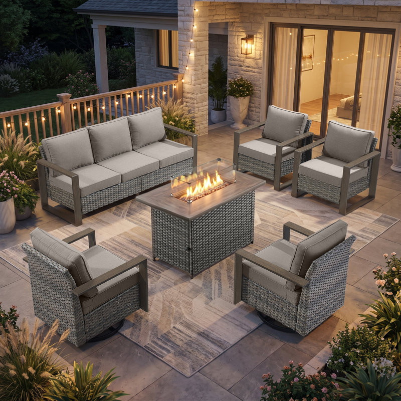 Ensemble de conversation d'extérieur 6 pièces avec fauteuils pivotants et table de foyer Aldiana, Gris, Gris