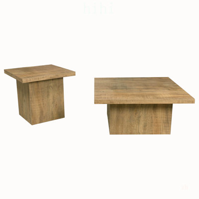Two Piece Square Coffee And End Table Set With Rustic Wood Grain Finish And Sturdy Block Base Design