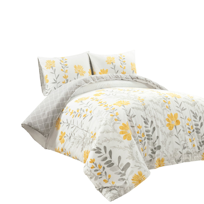 Aprile Full/Queen Yellow and Gray Cotton Floral Duvet Cover Set