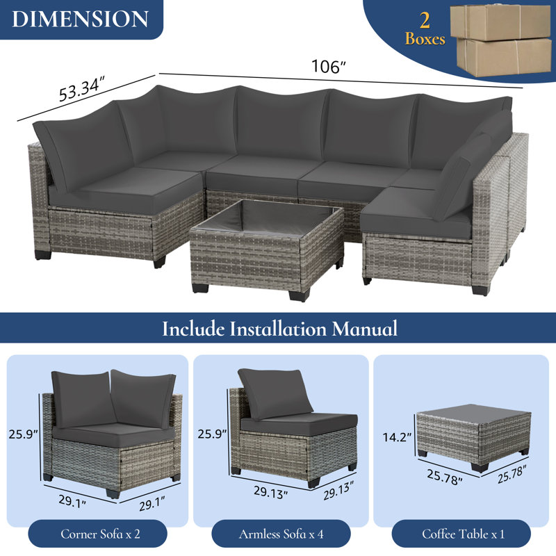 Ensemble de conversation modulaire en osier 7 pièces avec coussins et table basse All Weather, Gris