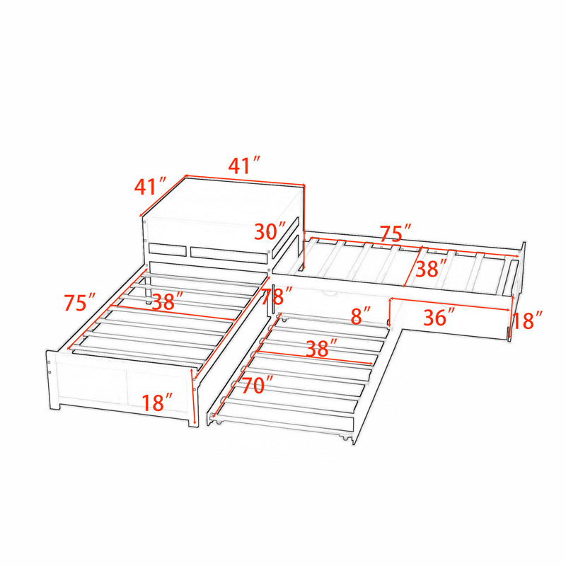 Twin Size 2 Drawers Wooden L-shaped Platform Beds with Trundle and Built-in Table, White