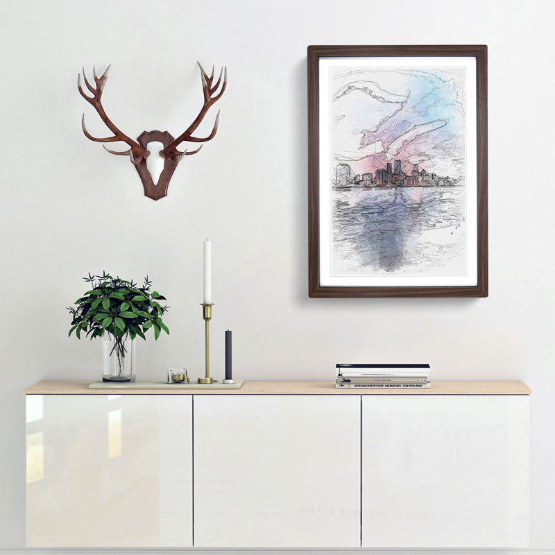 Miami Florida Skyline 1 Piece Single Picture Frame Painting on MDF, 87cm H x 62cm W x 2cm D, Walnut Framed
