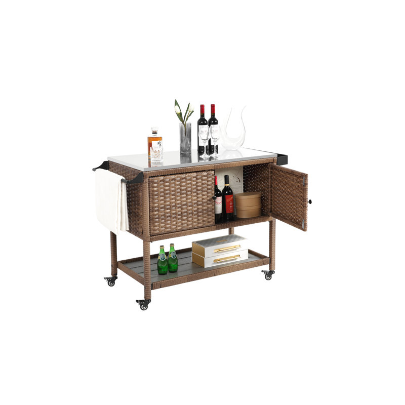 Grand chariot de rangement de jardin avec tablette extensible et plateau en acier inoxydable - Cour arrière brune