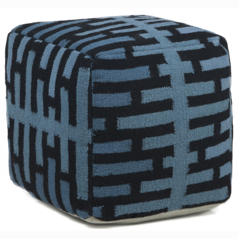 Yaeger Upholstered Pouf, Blue/Black Wool