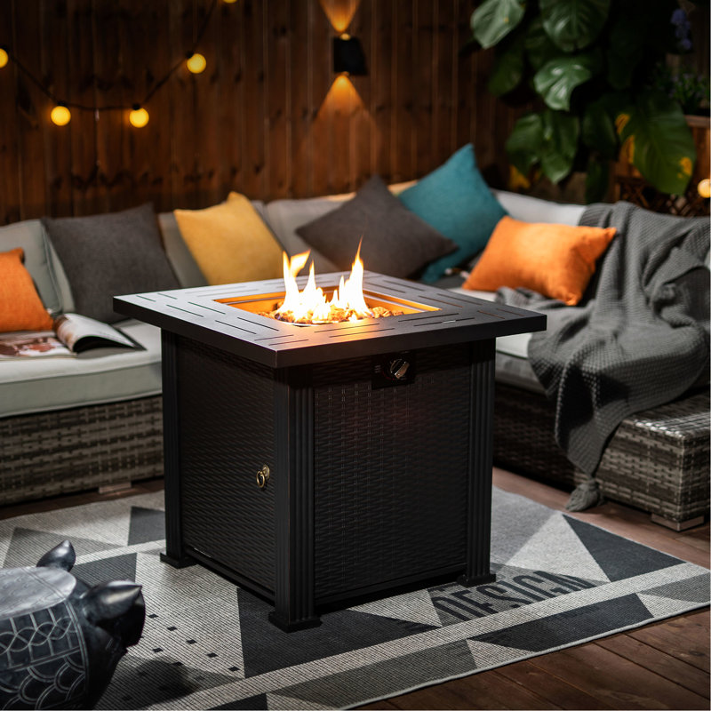 Steel Fire Pit Table 28inch Square, Propane, 23.73in Height, No Guard, Adjustable Square Propane Table, Steel, 28.39in Depth And Width,