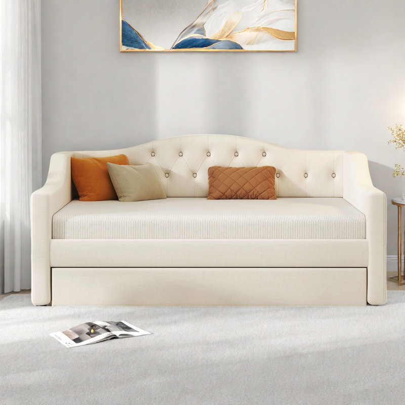 Modern Upholstered Daybed With Led Belt, Trundle And Button Tufted Design, Beige