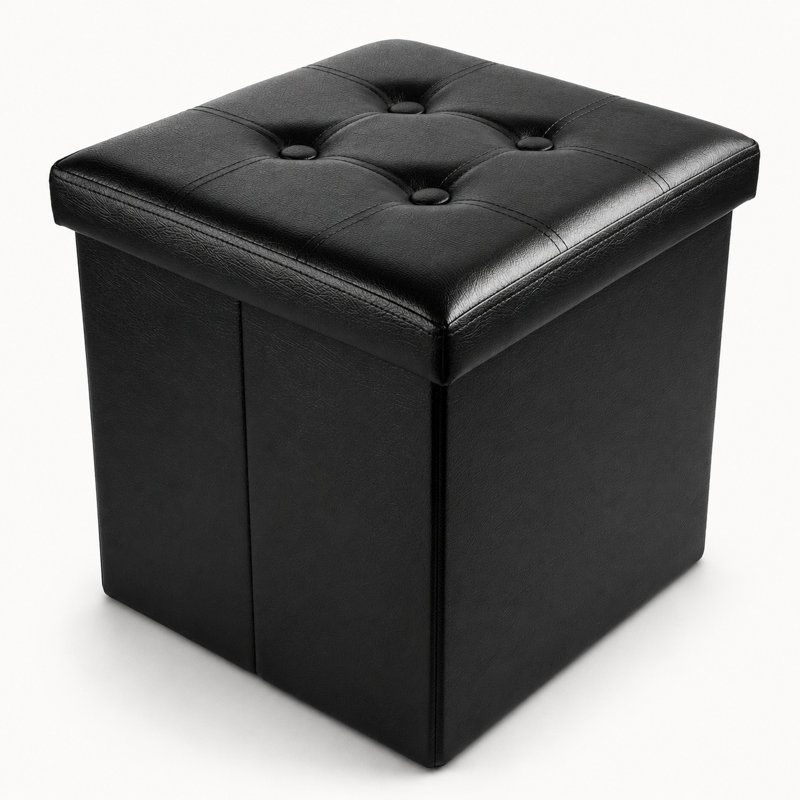38cm Wide Cube Ottoman, Faux Leather, Black