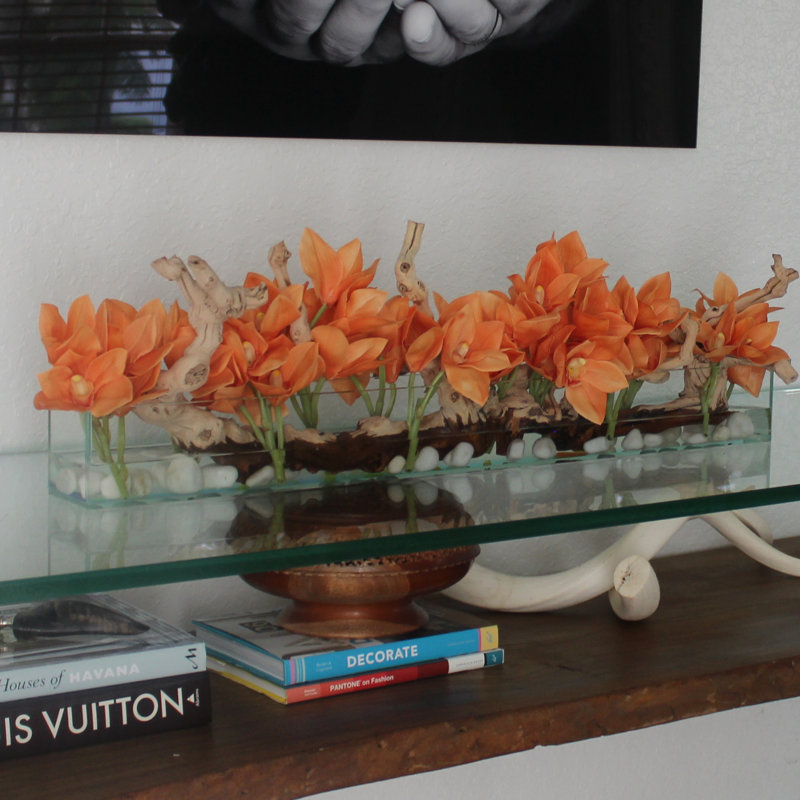 Driftwood Cymbidium Orchids Centerpiece in Glass Planter, 8" H x 24" W x 6" D, Orange