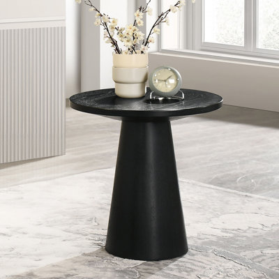 Unique Cone Base Pedestal Round End Table, Contemporary Style With Durable Rubberwood Structure And Black Finish