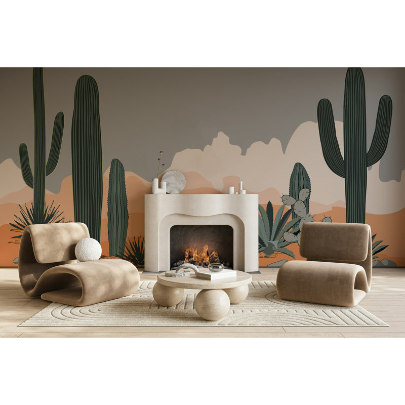 Papier peint paysage de ciel gris cactus du désert, L 105,96 po x l 187 po