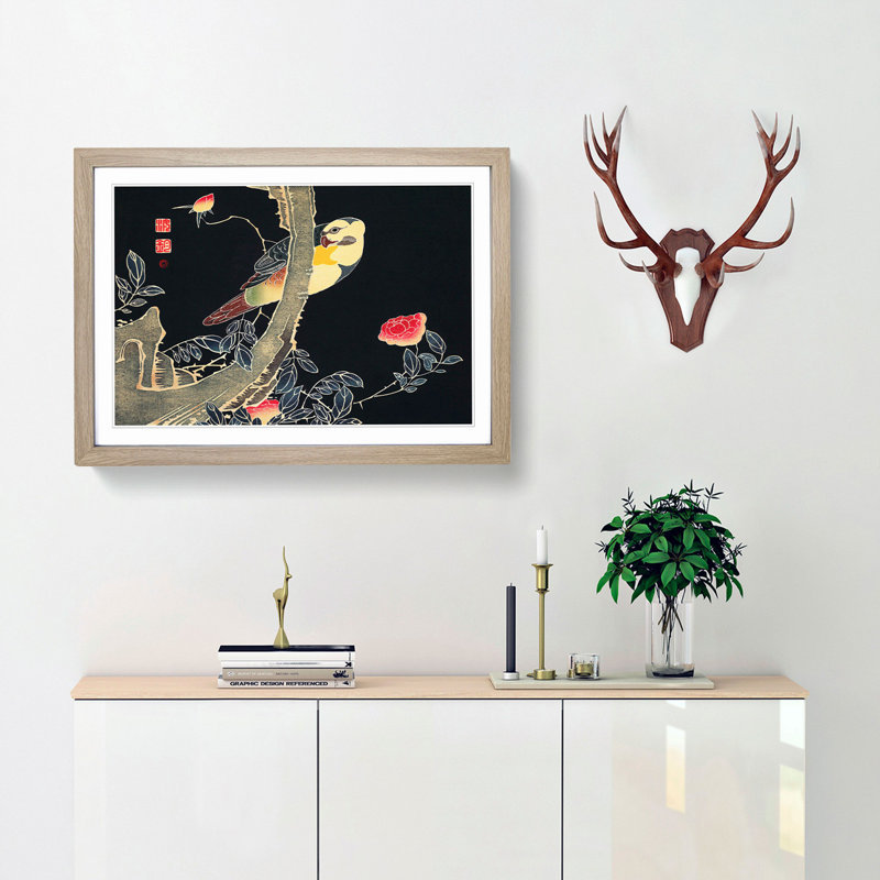 Parrot and Rose Bush by Ito Jakuchu - Framed Print, Oak Framed, 36cm H x 48cm W x 2cm D