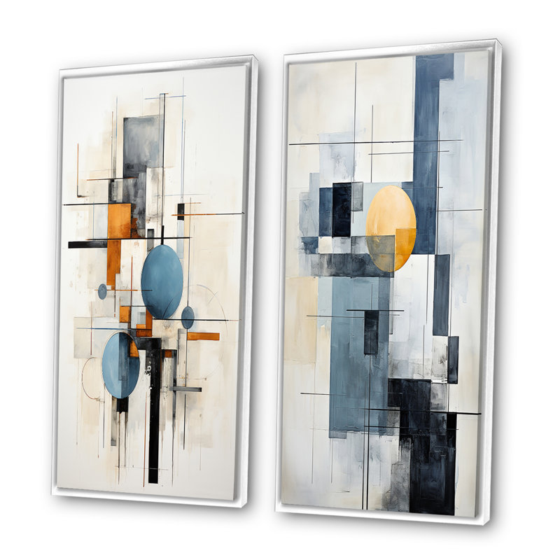 «Beige Blue Suprematism Harmonic Intersections», 2 pièces, H 40 po x l 40 po, Cadre blanc