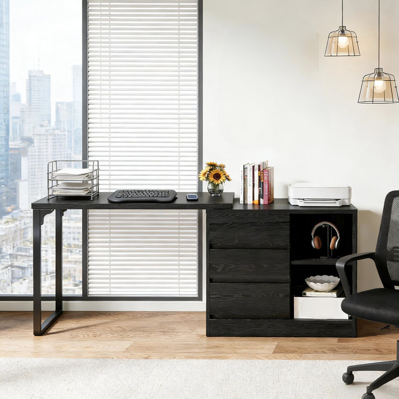 Bureau en L pour bureau à domicile avec bureau rétractable, 3 tiroirs et 2 tablettes, en métal de haute qualité, configuration réversible en coin de 40,03 pouces de profondeur, largeur du produit 17,55