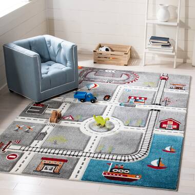 Paco Home Traffic Kids Rug with Forest Animals Road and Sea in muted Cream  2'8 x 4'11 